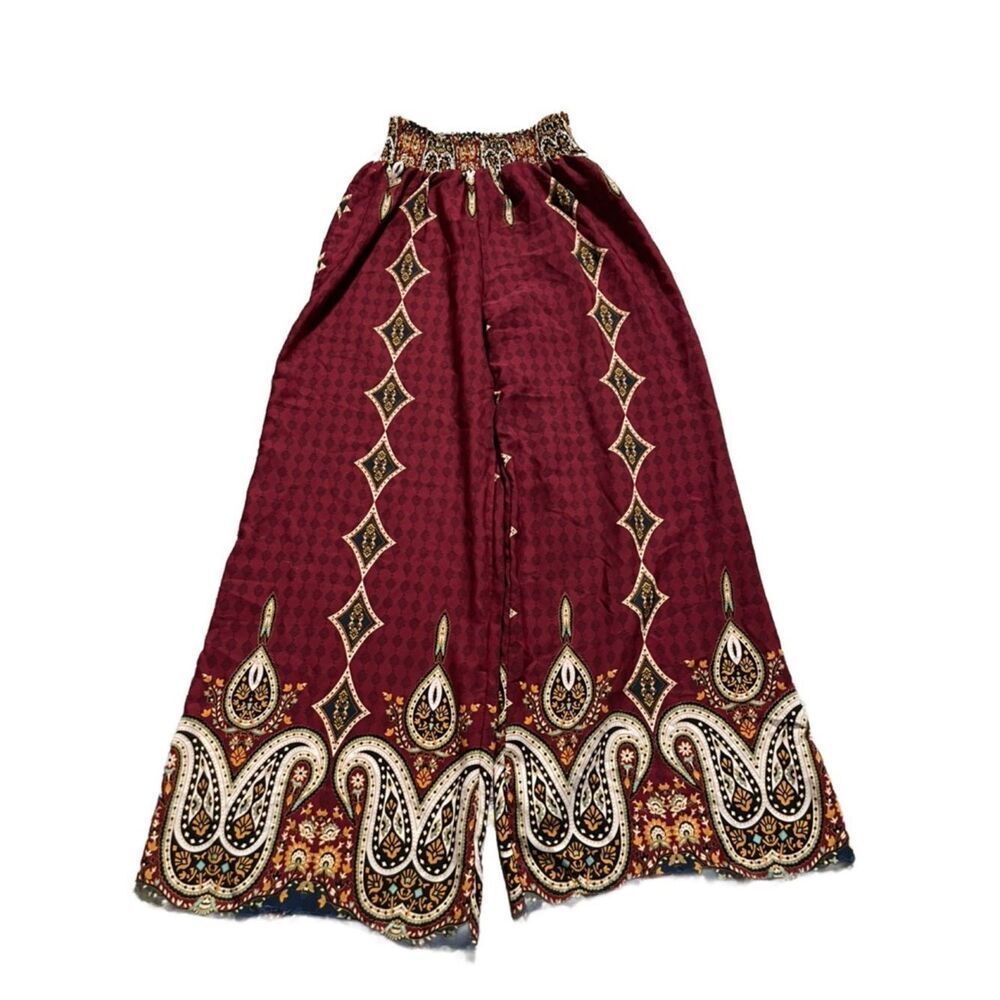 Fashion Nova Burgundy Paisley Patterned Elastic-Waist Wide-Leg Pants (Small) - Picture 9 of 16
